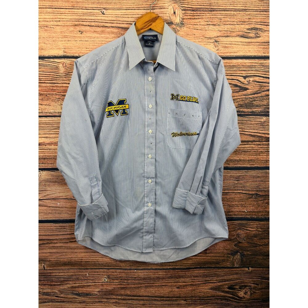 Las Olas Michigan Wolverines Women's M Blue White Striped Button Shirt 4638